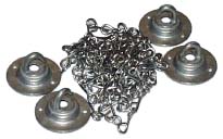 Hook plates and chain. Screw or nail hook plates to sturdy surface then suspend items via chain. Length of chain can be varied.