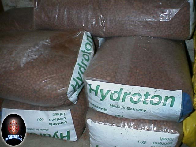 Hydroton clay pebbles stacked in the Esoteric Hydroponics warehouse.