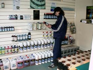 (shelves of nutient products in the Esoteric Hydroponics shop)